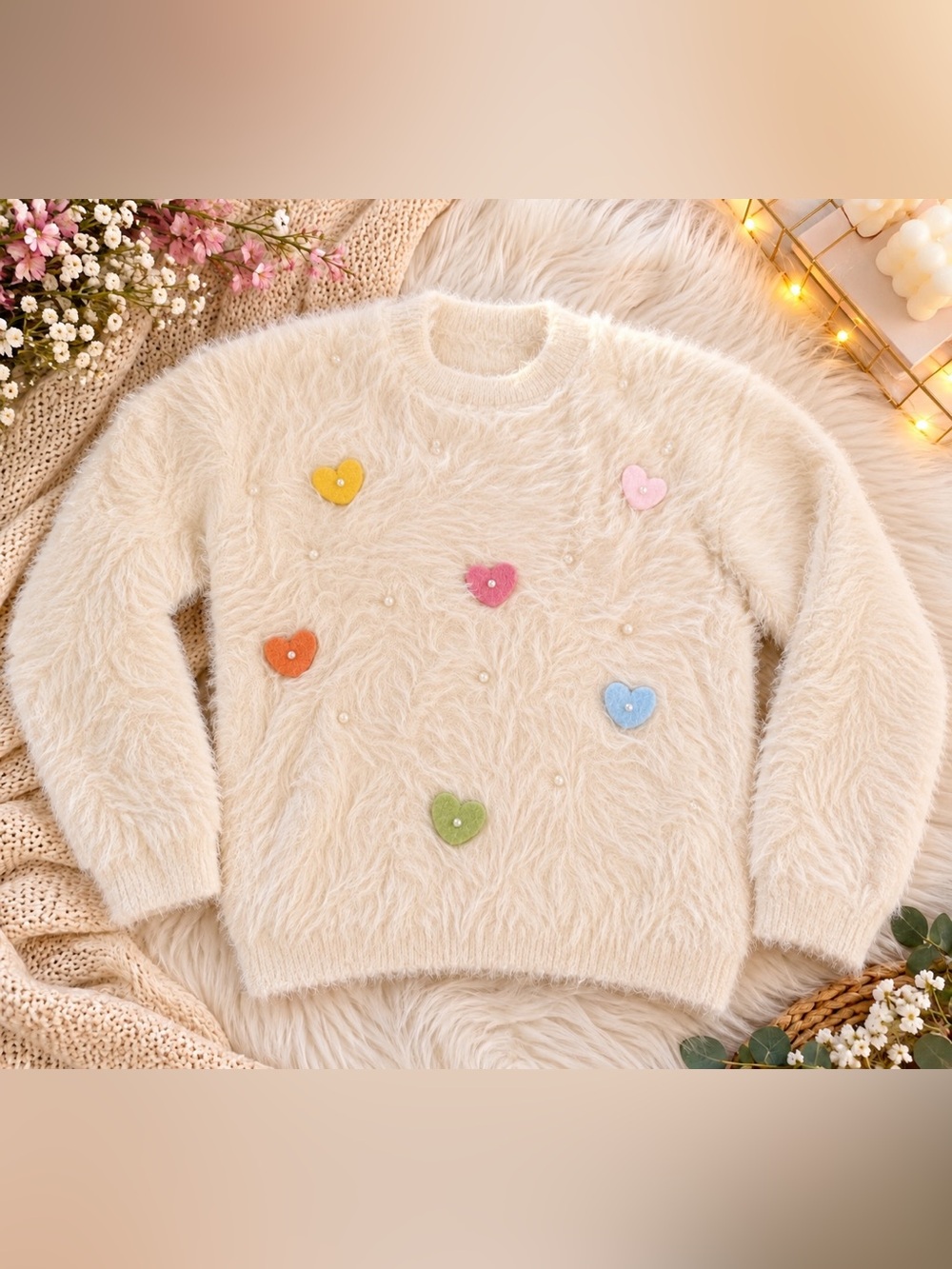 Cozy Cream Fuzzy Heart Appliqué Sweater